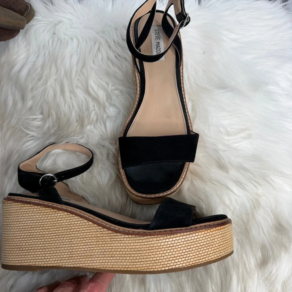 Steve Madden Composed Black Suede Raffia Platform Wedge Sandals COMP04S1